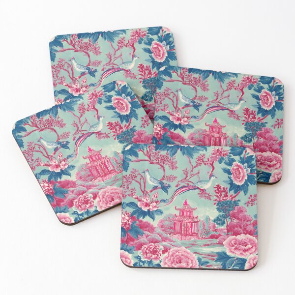 Item preview, Pink and teal chinoiserie pagoda garden with birds and flowers designed and sold by SophieClimaArt.