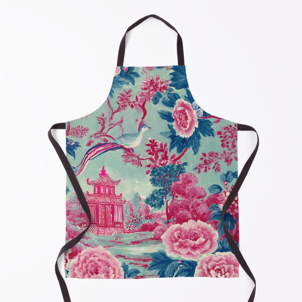 Item preview, Pink and teal chinoiserie pagoda garden with birds and flowers designed and sold by SophieClimaArt.