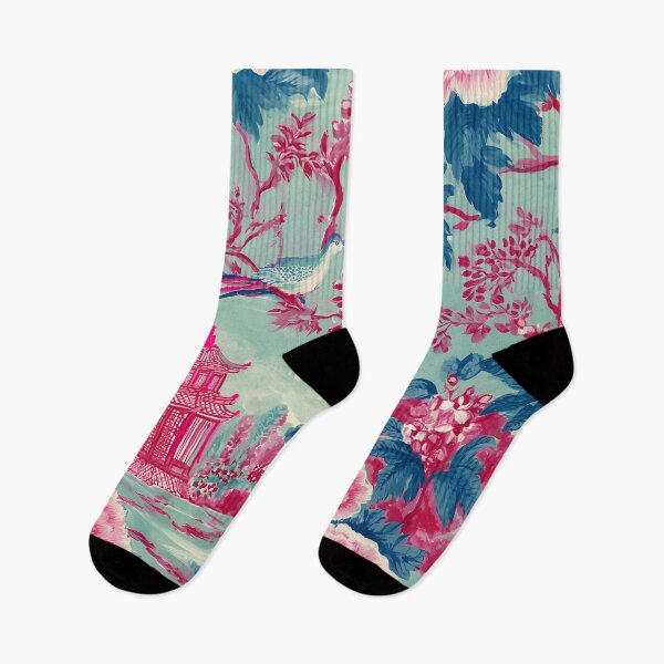 Item preview, Pink and teal chinoiserie pagoda garden with birds and flowers designed and sold by SophieClimaArt.