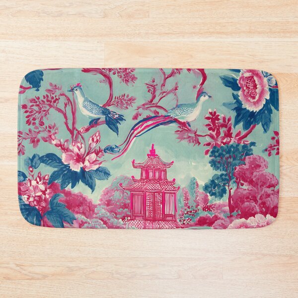 Item preview, Pink and teal chinoiserie pagoda garden with birds and flowers designed and sold by SophieClimaArt.