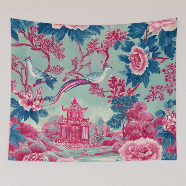 Item preview, Pink and teal chinoiserie pagoda garden with birds and flowers designed and sold by SophieClimaArt.