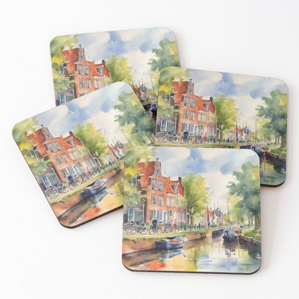 Item preview, Charming Belgium Canal Street Watercolor Painting designed and sold by UmSkelig834.