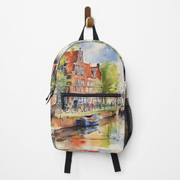 Item preview, Charming Belgium Canal Street Watercolor Painting designed and sold by UmSkelig834.