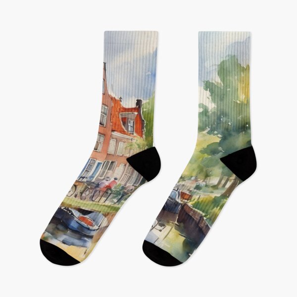 Item preview, Charming Belgium Canal Street Watercolor Painting designed and sold by UmSkelig834.