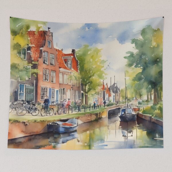 Item preview, Charming Belgium Canal Street Watercolor Painting designed and sold by UmSkelig834.