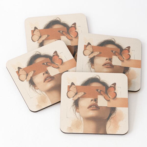 Item preview, Woman Butterfly Eyes Geometric Orange Blocks Surreal Wall Art Print designed and sold by Leogasup.