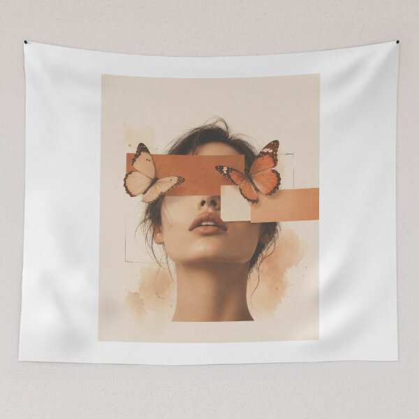 Item preview, Woman Butterfly Eyes Geometric Orange Blocks Surreal Wall Art Print designed and sold by Leogasup.