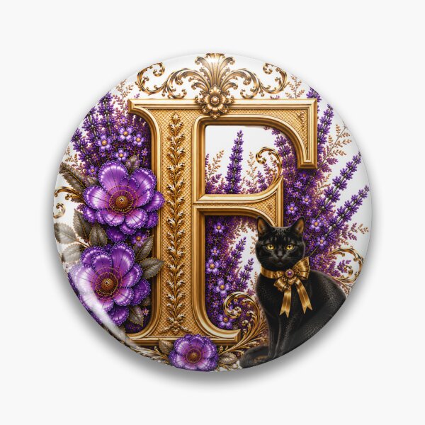 Item preview, Floral Letter F with Black Cat | Lavender Botanical Monogram | Elegant Gold Initial Design designed and sold by MoodLay.