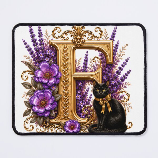 Item preview, Floral Letter F with Black Cat | Lavender Botanical Monogram | Elegant Gold Initial Design designed and sold by MoodLay.