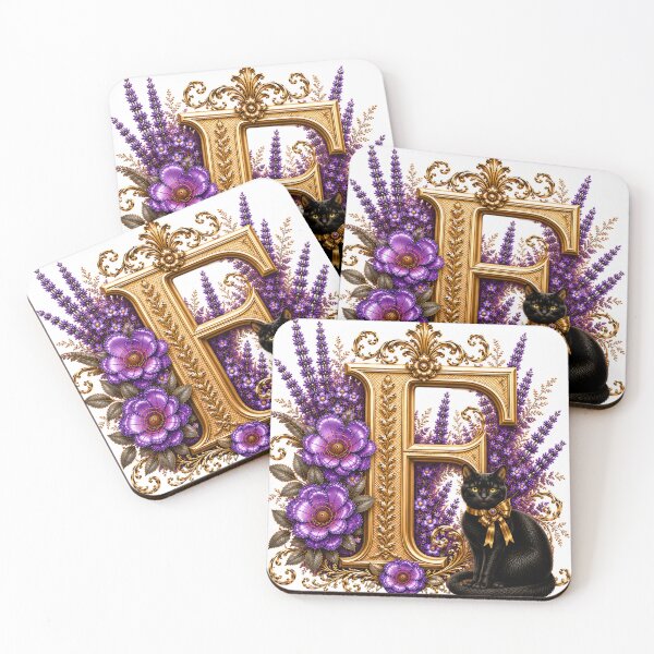 Item preview, Floral Letter F with Black Cat | Lavender Botanical Monogram | Elegant Gold Initial Design designed and sold by MoodLay.
