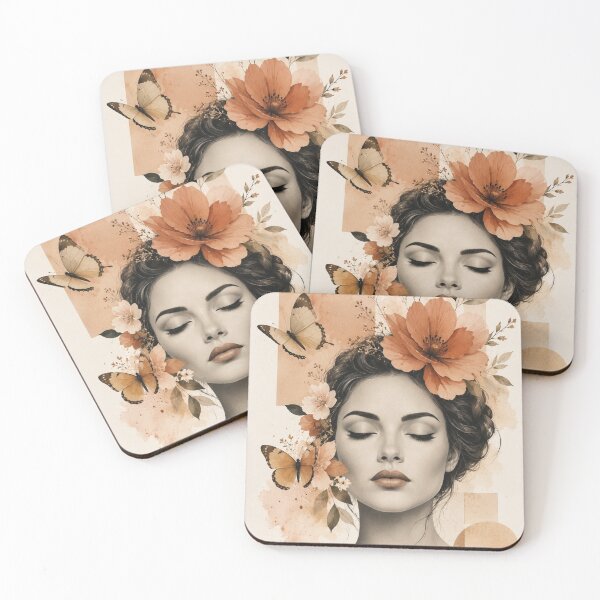 Item preview, Woman Eyes Closed Butterflies Terracotta Flowers Geometric Wall Art designed and sold by Leogasup.
