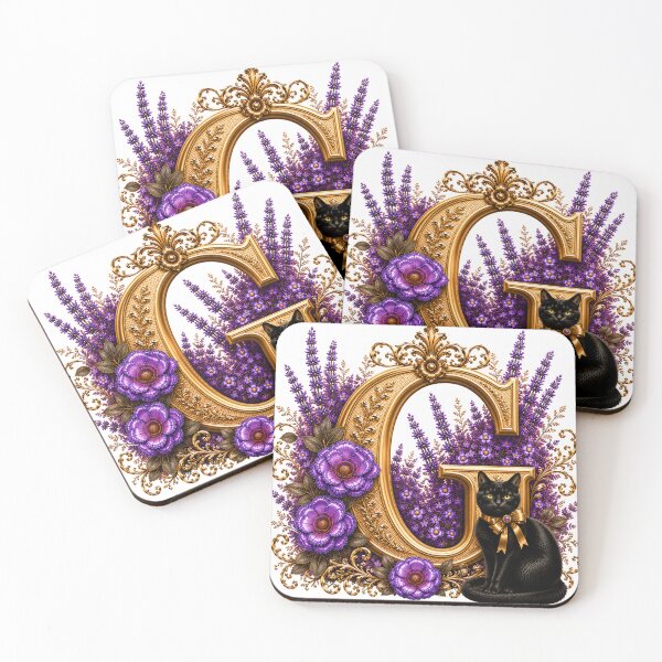 Item preview, Floral Letter G with Black Cat | Lavender Botanical Monogram | Elegant Gold Initial Design designed and sold by MoodLay.