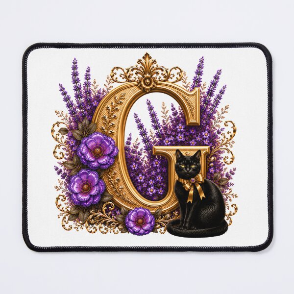 Item preview, Floral Letter G with Black Cat | Lavender Botanical Monogram | Elegant Gold Initial Design designed and sold by MoodLay.