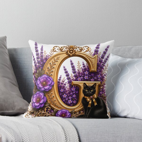 Item preview, Floral Letter G with Black Cat | Lavender Botanical Monogram | Elegant Gold Initial Design designed and sold by MoodLay.