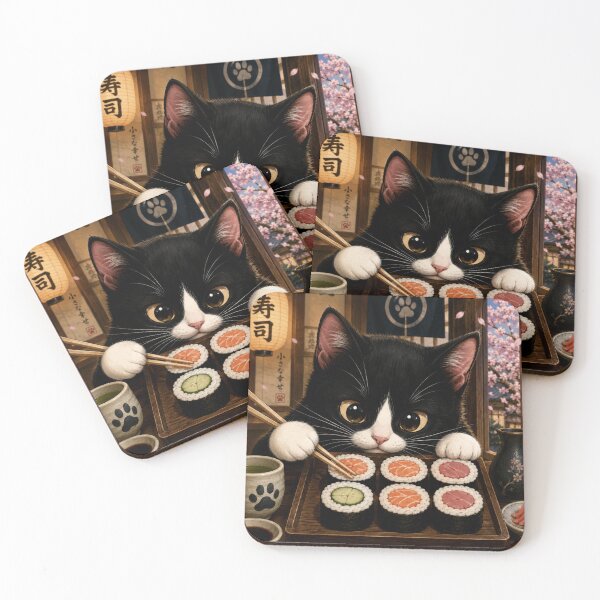 Item preview, Cute Sushi Cat Art | Kawaii Black Cat Illustration | Japanese Food Wall Decor designed and sold by AbstractAuraArt.