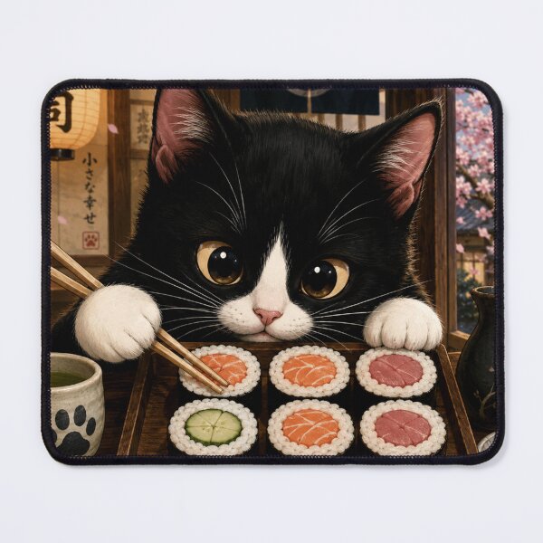 Item preview, Cute Sushi Cat Art | Kawaii Black Cat Illustration | Japanese Food Wall Decor designed and sold by AbstractAuraArt.