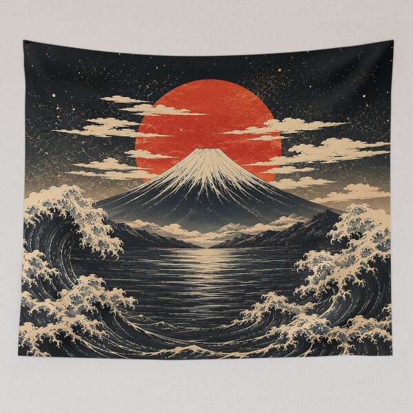 Item preview, Japanese Ocean Wave and Sacred Mountain | Vintage Ukiyo Inspired Landscape Art designed and sold by BrainCurves.