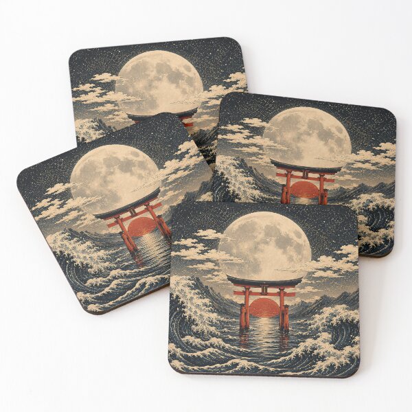 Item preview, Japanese Torii Gate Under Full Moon | Vintage Ukiyo Inspired Ocean Artwork designed and sold by BrainCurves.