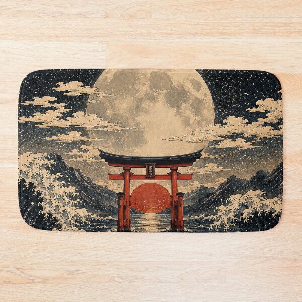 Item preview, Japanese Torii Gate Under Full Moon | Vintage Ukiyo Inspired Ocean Artwork designed and sold by BrainCurves.