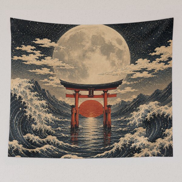 Item preview, Japanese Torii Gate Under Full Moon | Vintage Ukiyo Inspired Ocean Artwork designed and sold by BrainCurves.