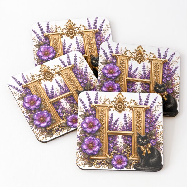 Item preview, Floral Letter H with Black Cat | Lavender Botanical Monogram | Elegant Gold Initial Design designed and sold by MoodLay.