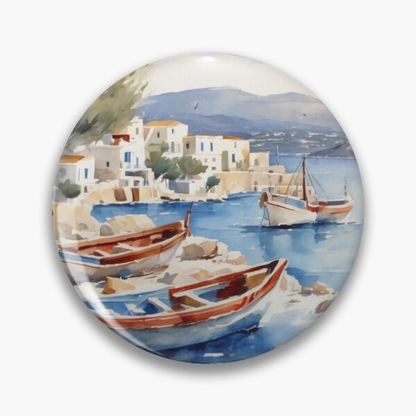 Item preview, Cyclades Island Fishing Boats Greek Waterfront Watercolor designed and sold by UmSkelig834.