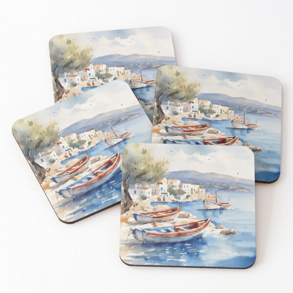 Item preview, Cyclades Island Fishing Boats Greek Waterfront Watercolor designed and sold by UmSkelig834.