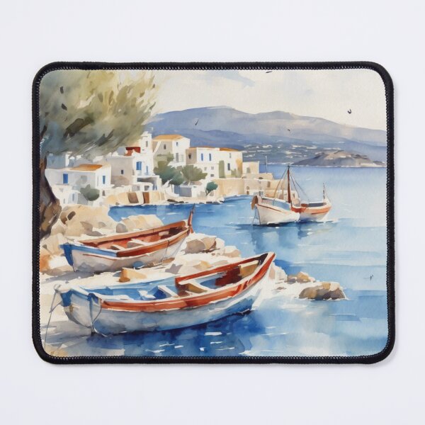 Item preview, Cyclades Island Fishing Boats Greek Waterfront Watercolor designed and sold by UmSkelig834.