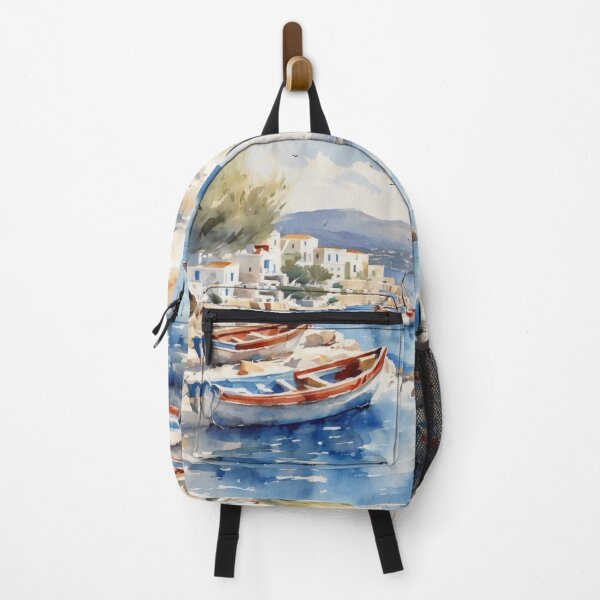 Item preview, Cyclades Island Fishing Boats Greek Waterfront Watercolor designed and sold by UmSkelig834.
