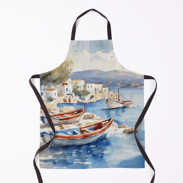 Item preview, Cyclades Island Fishing Boats Greek Waterfront Watercolor designed and sold by UmSkelig834.