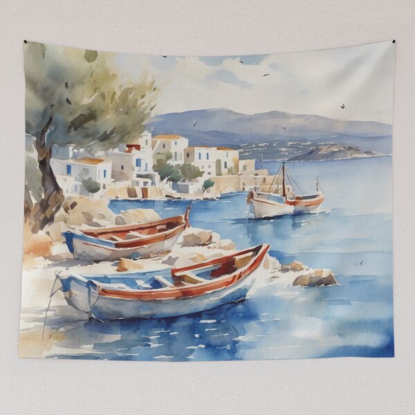 Item preview, Cyclades Island Fishing Boats Greek Waterfront Watercolor designed and sold by UmSkelig834.