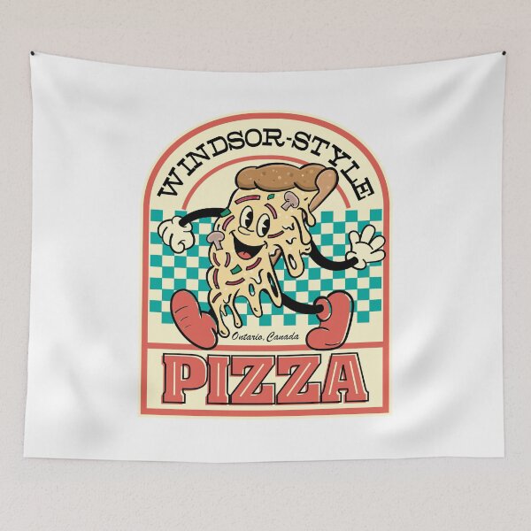 Item preview, Windsor-Style Pizza smiling retro cartoon pizza slice with arms and legs logo style  designed and sold by Jdawnink.