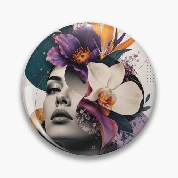 Item preview, Tropical Woman Purple Orange Flowers Gold Circles Wall Art Print designed and sold by Leogasup.