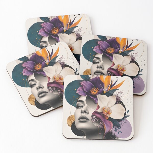 Item preview, Tropical Woman Purple Orange Flowers Gold Circles Wall Art Print designed and sold by Leogasup.