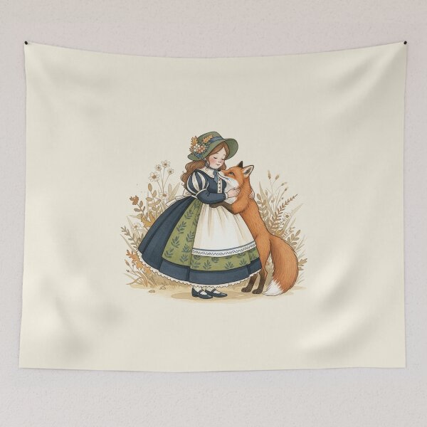 Item preview, Little Girl Hugging a Sweet Fox in the Meadow designed and sold by Pasteltone.