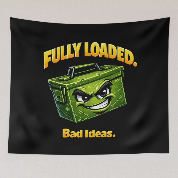 Item preview, Fully Loaded With Bad Ideas Funny Ammo Box Cartoon designed and sold by M.Store.