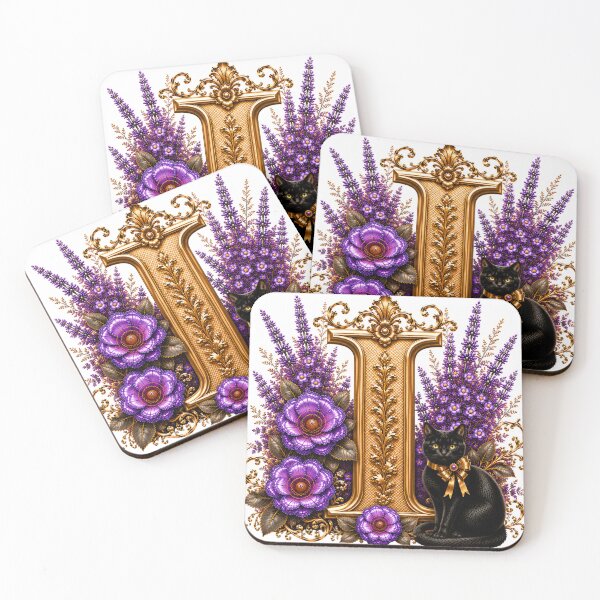 Item preview, Floral Letter I with Black Cat | Lavender Botanical Monogram | Elegant Gold Initial Design designed and sold by MoodLay.