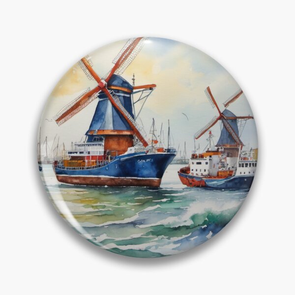 Item preview, Dutch Harbor with Windmills on Shore Watercolor Painting designed and sold by UmSkelig834.