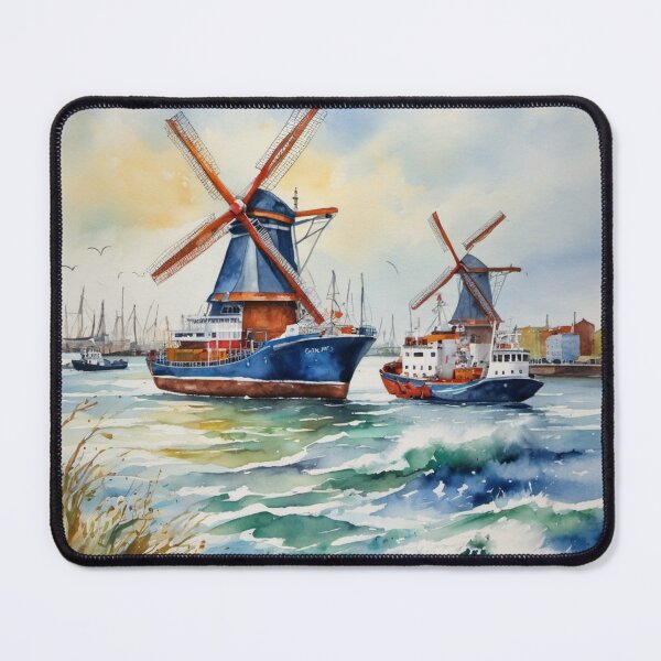 Item preview, Dutch Harbor with Windmills on Shore Watercolor Painting designed and sold by UmSkelig834.