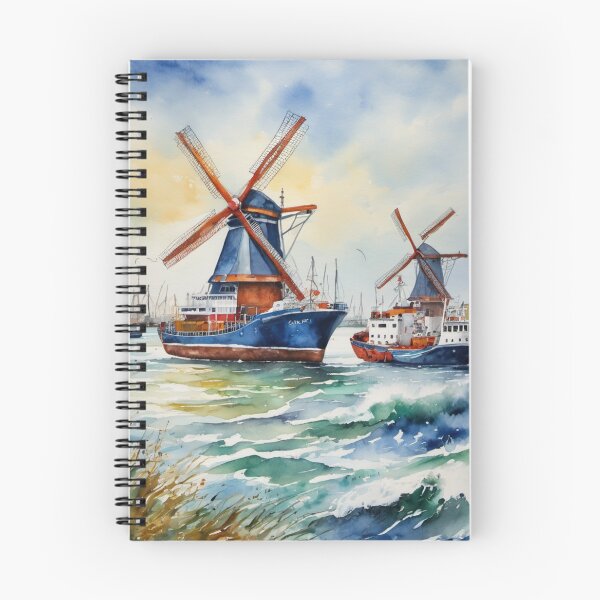 Item preview, Dutch Harbor with Windmills on Shore Watercolor Painting designed and sold by UmSkelig834.