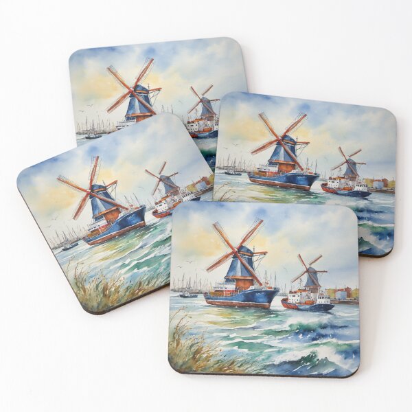 Item preview, Dutch Harbor with Windmills on Shore Watercolor Painting designed and sold by UmSkelig834.