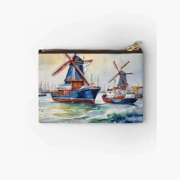 Item preview, Dutch Harbor with Windmills on Shore Watercolor Painting designed and sold by UmSkelig834.