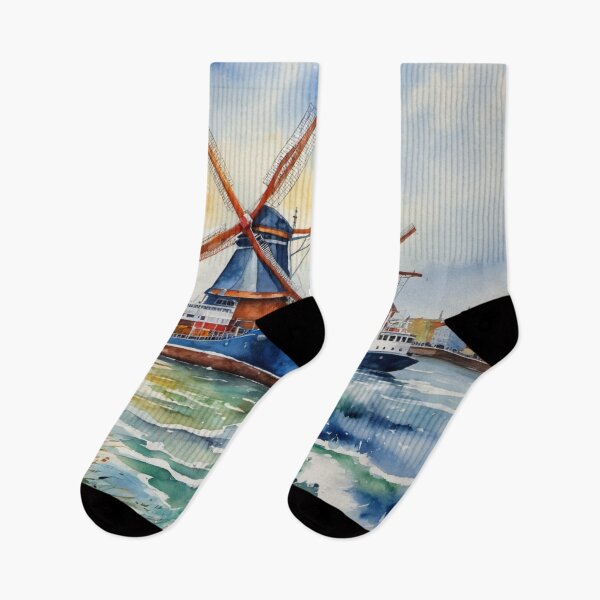 Item preview, Dutch Harbor with Windmills on Shore Watercolor Painting designed and sold by UmSkelig834.