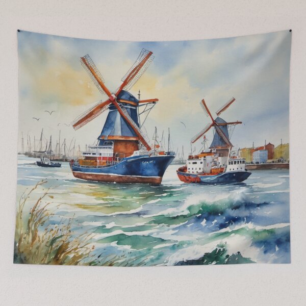 Item preview, Dutch Harbor with Windmills on Shore Watercolor Painting designed and sold by UmSkelig834.