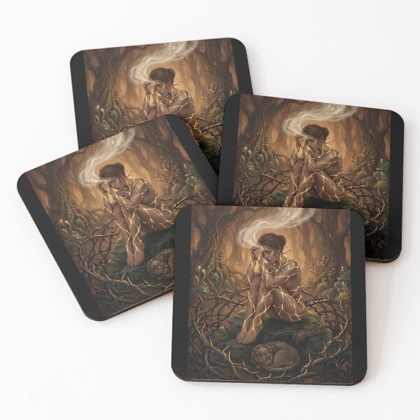Item preview, Mystical Forest Woman with Cat – Dark Fantasy Enchanted Art designed and sold by Aruellart.