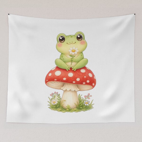 Item preview, Cute frog on a fly agaric mushroom with flower designed and sold by puredevn.