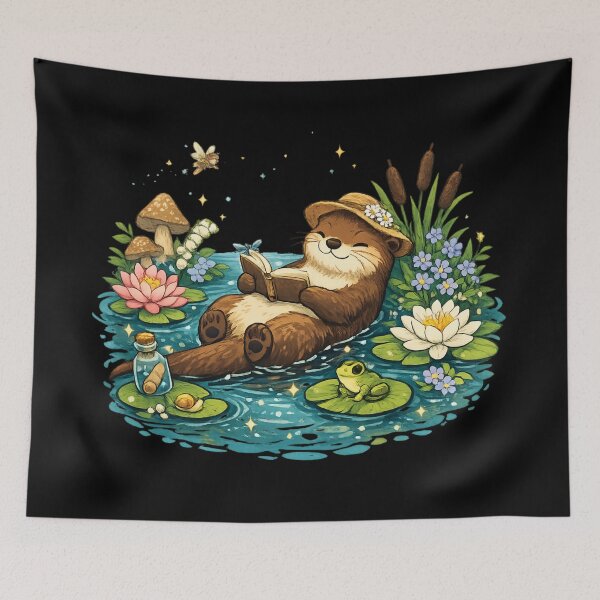 Item preview, Cozy Reading Otter in Lily Pond - Cute Cottagecore designed and sold by SidTastic .