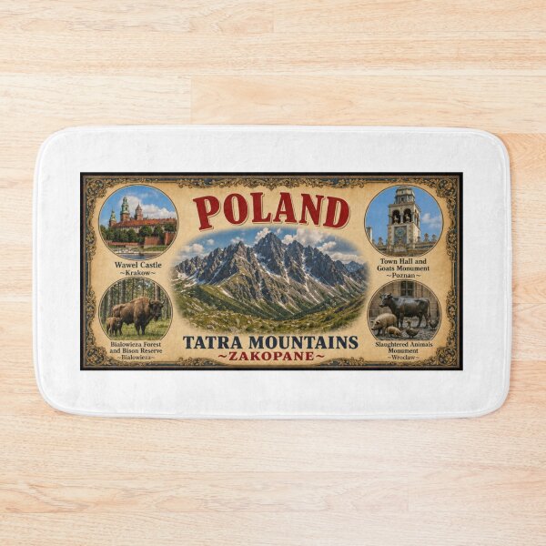 Item preview, POLAND TRAVEL POSTER W/ ICONIC LANDMARKS~ WAWEL CASTLE, CLOCKTOWER WITH GOATS, FOREST AND BISON RESERVE, SLAUGHTERED ANIMALS MONUMENT, TATRA MOUNTAINS~ designed and sold by V3GFX.