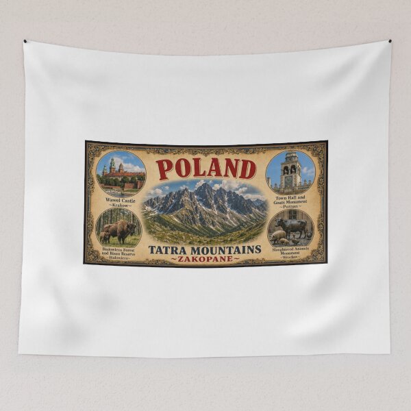 Item preview, POLAND TRAVEL POSTER W/ ICONIC LANDMARKS~ WAWEL CASTLE, CLOCKTOWER WITH GOATS, FOREST AND BISON RESERVE, SLAUGHTERED ANIMALS MONUMENT, TATRA MOUNTAINS~ designed and sold by V3GFX.