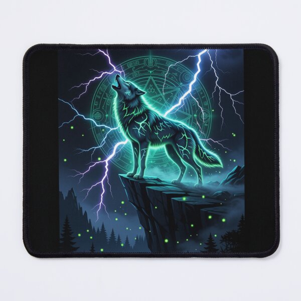 Item preview, Neon Thunder Wolf – Glowing Mystic Wolf Under Lightning Fantasy Art designed and sold by DervoTeck2767.